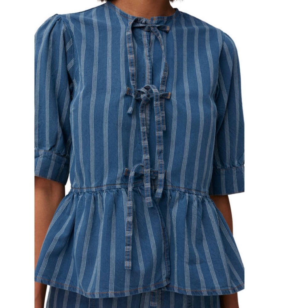 GANNI Striped Denim Peplum Tie Blouse - EU 40 - US 8/10